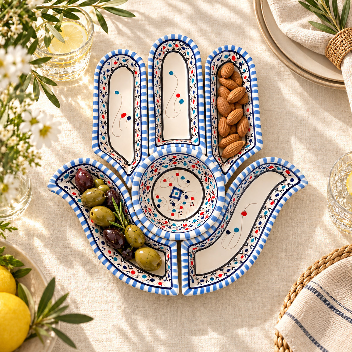 Blue and White Hamsa Appetiser Serving Dish — AI-generated product visualisation.