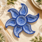 Blue and White Sun-Shaped Appetiser Serving Dish — AI-generated product visualisation.