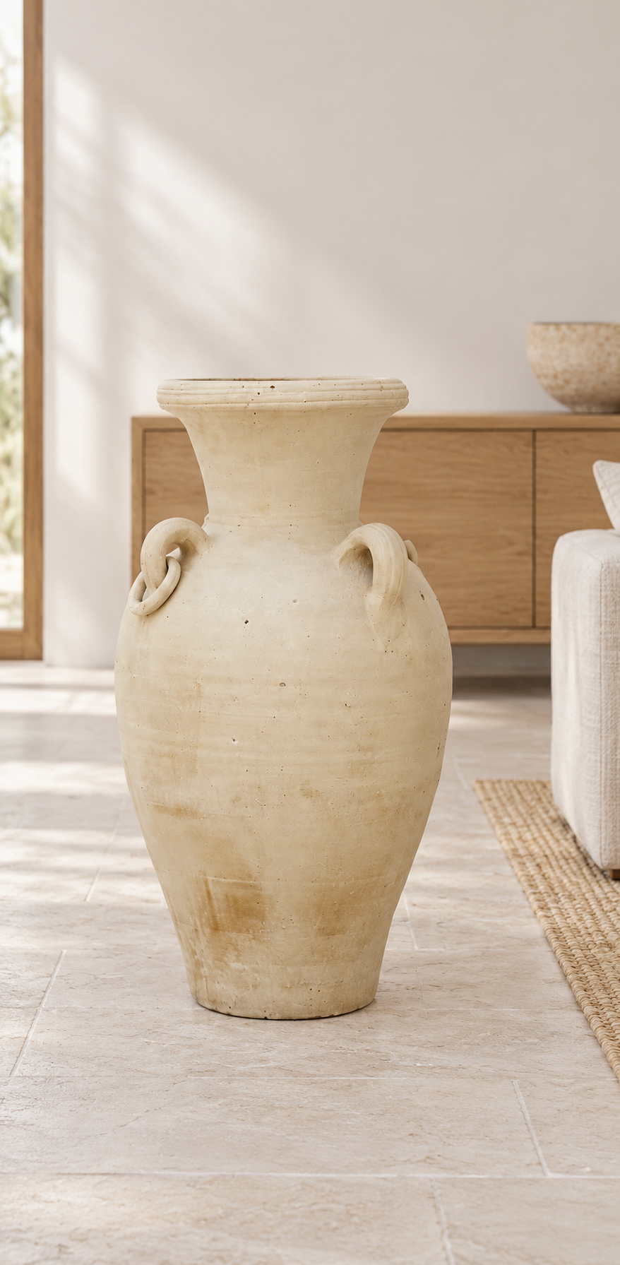 Large Beige Decorative Vase with Handles — styled setting (AI illustration)