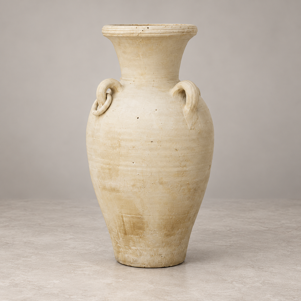 Large Beige Decorative Vase with Handles — styled setting (AI illustration)